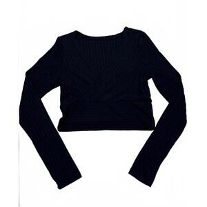 SHEIN Black Ribbed Long Sleeve Crop Top Wrap Front Surplice V-Neck XS Y2K